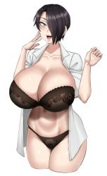 Rule 34 | 1girl, arms up, black panties, bra, breasts, cleavage, curtain call challenge (meme), dress shirt, fangs, hair over one eye, highres, huge breasts, lace, lace-trimmed bra, lace trim, mature female, meme, no pants, open clothes, open mouth, open shirt, panties, saya (twrlare), see-through, shirt, simple background, solo, tagme, thighs, twrlare, underwear, white background, white shirt