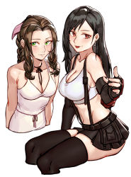 Rule 34 | 2girls, :p, absurdres, aerith gainsborough, bare shoulders, braid, braided ponytail, breasts, brown hair, cleavage, cropped torso, dress, earrings, final fantasy, final fantasy vii, final fantasy vii remake, fingerless gloves, gloves, green eyes, hair ribbon, half-closed eyes, highres, jewelry, midriff, multiple girls, navel, pleated skirt, red eyes, renxzd, ribbon, sitting, skirt, sleeveless, sleeveless dress, smile, suspenders, tank top, thighhighs, tifa lockhart, tongue, tongue out, vambraces