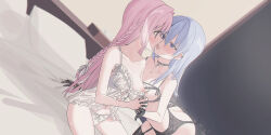 Rule 34 | 2girls, babydoll, bare arms, bare shoulders, black bra, black choker, blue eyes, blue hair, blurry, blurry background, blush, bow, bow panties, bra, braid, breasts, brown gloves, chihuri, choker, collarbone, commentary request, depth of field, dutch angle, ende (chihuri), eye contact, french kiss, garter belt, gloves, hair between eyes, highres, indoors, kiss, lace, lace gloves, long hair, looking at another, medium breasts, multiple girls, nea (chihuri), nipples, on bed, original, panties, pillow, pink hair, purple eyes, saliva, sitting, strap slip, tears, tissue box, underwear, very long hair, white panties, yuri