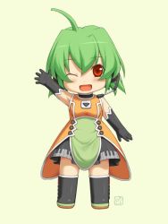 Rule 34 | :d, ahoge, arm up, blush, boots, chibi, elbow gloves, fl-chan, fl studio, gloves, green hair, headset, microphone, official art, open mouth, orange eyes, piano print, red eyes, short hair, smile, transparent background, uruido, wink