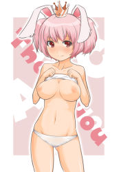 Rule 34 | 1girl, ac japan, aisatsu no mahou, alcohol (coldfront), animal ears, arigato usagi, bad id, bad pixiv id, blush, breasts, clothes lift, coldfront, crown, navel, nipples, panties, personification, pink hair, rabbit ears, red eyes, shirt lift, short hair, short twintails, solo, twintails, underwear