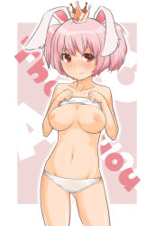 1girl ac_japan aisatsu_no_mahou alcohol_(coldfront) animal_ears arigato_usagi bad_id bad_pixiv_id blush breasts clothes_lift coldfront crown female_focus navel nipples panties personification pink_hair rabbit_ears red_eyes shirt_lift short_hair short_twintails solo twintails underwear