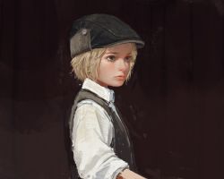 Rule 34 | androgynous, black background, black hat, blonde hair, cabbie hat, collared shirt, gender request, green eyes, hat, lips, looking to the side, nose, original, realistic, shion (mirudakemann), shirt, sketch, sleeves pushed up, solo, upper body, vest, white shirt