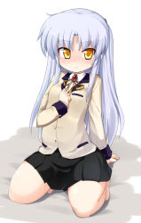 Rule 34 | 10s, 1girl, angel beats!, arm support, barefoot, blazer, blue hair, blush, feet, flat chest, full body, jacket, long hair, looking at viewer, mamo williams, pleated skirt, school uniform, simple background, skirt, solo, tenshi (angel beats!), tsurime, white background, yellow eyes
