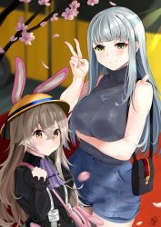 Rule 34 | 2girls, alternate costume, alternate universe, animal ears, ascot, b:ga, backpack, bad id, bad twitter id, bag, brown eyes, cherry blossoms, commentary request, earrings, girls&#039; frontline, green eyes, grey hair, hat, highres, hk416 (girls&#039; frontline), jewelry, mother and daughter, multiple girls, petals, pout, rabbit ears, school hat, smile, sweater, ump45 (girls&#039; frontline), v, aged down
