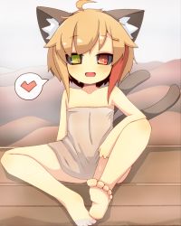 Rule 34 | 1girl, ahoge, animal ears, bad id, bad pixiv id, barefoot, black sclera, blonde hair, blush, brown hair, cat ears, cat tail, collarbone, colored sclera, feet, flat chest, green eyes, hair ornament, hairclip, heart, heart-shaped pupils, heterochromia, looking at viewer, multicolored hair, multiple tails, naked towel, open mouth, orange eyes, original, petite, red eyes, red hair, short hair, soles, solo, spoken heart, sweat, symbol-shaped pupils, tail, teranekosu, towel