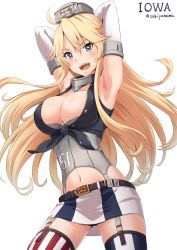 Rule 34 | 10s, 1girl, :d, american flag legwear, armpits, arms up, artist name, blonde hair, blue eyes, blush, breasts, character name, cleavage, collar, corset, crop top, front-tie top, gloves, hair between eyes, iowa (kancolle), kantai collection, large breasts, long hair, looking at viewer, miniskirt, navel, open mouth, sakiyamama, simple background, skirt, smile, solo, standing, star-shaped pupils, star (symbol), striped clothes, striped thighhighs, symbol-shaped pupils, thighhighs, underbust, vertical-striped clothes, vertical-striped thighhighs, white background, white gloves, zettai ryouiki