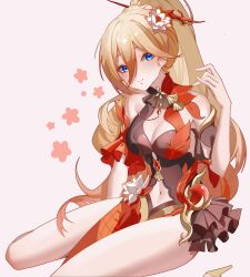 Rule 34 | 1girl, absurdres, alternate costume, bianka durandal ataegina, bianka durandal ataegina (dea anchora), blonde hair, blue eyes, breasts, cleavage, clothing cutout, flower, hair between eyes, hair flower, hair ornament, hair stick, head tilt, high heels, high ponytail, highres, honkai (series), honkai impact 3rd, large breasts, long hair, looking at viewer, navel, navel cutout, pelvic curtain, pink background, sitting, smile, solo, two-tone dress, very long hair, wariza, youmiao oxo