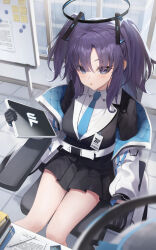 Rule 34 | 1girl, 29hyeon, absurdres, black gloves, black skirt, blue archive, blue necktie, blush, breasts, collared shirt, feet out of frame, formal, gloves, halo, highres, holding, holding tablet pc, id card, jacket, long hair, long sleeves, mechanical halo, medium breasts, necktie, parted lips, pleated skirt, purple eyes, purple hair, shirt, sitting, skirt, solo, suit, tablet pc, two-sided fabric, two-sided jacket, two side up, white jacket, white shirt, yuuka (blue archive)