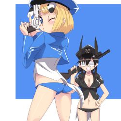 Rule 34 | 2girls, alternate costume, animal ears, ass, aviator sunglasses, black hair, blonde hair, blue eyes, blush, breasts, blowing bubbles, chewing gum, cleavage, dog ears, dog tail, dominica s. gentile, gun, hand on own hip, handgun, hat, head wings, jane t. godfrey, katuhata, large breasts, looking at viewer, midriff, multiple girls, navel, no pants, one eye closed, panties, pistol, police, police uniform, policewoman, puckered lips, shiny skin, short hair, shotgun, strike witches, sunglasses, tail, underwear, uniform, weapon, wings, wink, world witches series