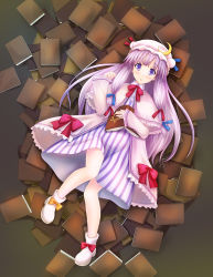 Rule 34 | 1girl, :o, blush, book, capelet, crescent, crescent moon, fallen down, female focus, full body, hat, hexagram, kisaragi miyu, long hair, looking up, lying, moon, on back, open book, patchouli knowledge, purple eyes, purple hair, solo, surprised, touhou