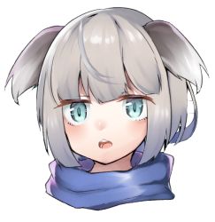 Rule 34 | 1girl, animal ears, blue eyes, blue scarf, blunt bangs, copyright request, dog ears, eyelashes, furumiya neko, head only, looking at viewer, open mouth, portrait, scarf, short hair, silver hair, simple background, solo, teeth, upper teeth only, white background