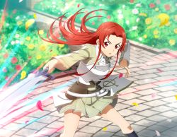 Rule 34 | 1girl, armor, breastplate, collared shirt, day, floating hair, game cg, grey shirt, grey skirt, hair intakes, holding, holding sword, holding weapon, kneehighs, long hair, long sleeves, miniskirt, motion blur, open mouth, outdoors, pleated skirt, red eyes, red hair, shirt, skirt, socks, solo, standing, straight hair, sword, sword art online, thighs, tiese schtrinen, v-shaped eyebrows, very long hair, weapon, white armor, wing collar