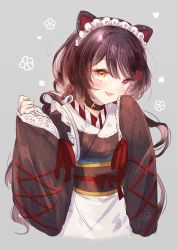 Rule 34 | 1girl, animal ears, apron, black collar, black hair, black kimono, blush, collar, cropped torso, dog ears, dog hair ornament, fang, grey background, hair between eyes, hair ornament, hands up, heterochromia, inui toko, ittokyu, japanese clothes, kimono, long hair, long sleeves, looking at viewer, low twintails, maid, maid headdress, nijisanji, obi, parted lips, red eyes, red ribbon, ribbon, sash, simple background, sleeves past fingers, sleeves past wrists, smile, solo, twintails, upper body, very long hair, virtual youtuber, wa maid, waist apron, white apron, wide sleeves, yellow eyes