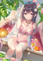Rule 34 | 1girl, bare shoulders, bead bracelet, bead necklace, beads, black hair, bra, bracelet, breasts, cleavage, doughnut, drinking glass, drinking straw, earrings, food, hair ribbon, highres, hurricane glass, jewelry, large breasts, lingerie, long hair, looking at viewer, miwabe sakura, navel, necklace, off shoulder, open clothes, open mouth, original, panties, pink bra, pink panties, purple eyes, ribbon, sitting, smile, soaking feet, solo, stomach, underwear, underwear only, water
