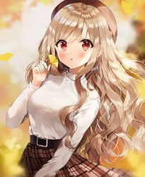Rule 34 | 1girl, :o, autumn, autumn leaves, bad id, bad pixiv id, belt, belt buckle, beret, blonde hair, blurry, blurry background, blurry foreground, blush, breasts, brown hair, brown hat, brown skirt, buckle, commentary request, day, depth of field, ginkgo leaf, hat, holding, holding leaf, leaf, long hair, long sleeves, looking at viewer, medium breasts, original, outstretched arms, parted lips, plaid, plaid skirt, pleated skirt, red eyes, shirt, sidelocks, skirt, solo, sweater, tareme, upper body, very long hair, wavy hair, weri, white shirt, white sweater
