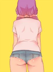 Rule 34 | 1girl, arms at sides, ass, cowboy shot, denim, denim shorts, duke (inu daimyou), from behind, hair ornament, hair scrunchie, long hair, love live!, love live! school idol project, low twintails, pink scrunchie, purple hair, scrunchie, shirt, short shorts, short sleeves, shorts, simple background, solo, t-shirt, tojo nozomi, twintails, white shirt, yellow background