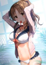 Rule 34 | 1girl, adjusting hair, arms behind head, bikini, blush, breasts, brown eyes, brown hair, cleavage, clothing cutout, commentary request, cowboy shot, crop top, front-tie top, hair ornament, hair scrunchie, heart, heart necklace, highres, idolmaster, idolmaster cinderella girls, jewelry, kuria (clear trip second), large breasts, looking at viewer, midriff, mouth hold, navel, necklace, parted bangs, plant, ponytail, sailor collar, scrunchie, solo, stomach, swimsuit, totoki airi, underboob cutout, water, wavy hair, white bikini