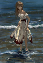 Rule 34 | 1girl, 7ife, absurdres, anklet, bare shoulders, blood, blood on clothes, blood on face, closed mouth, collarbone, commentary, dress, english commentary, hair over one eye, highres, jewelry, long hair, necklace, ocean, off-shoulder dress, off shoulder, orange hair, original, outdoors, solo, wading, water, white dress