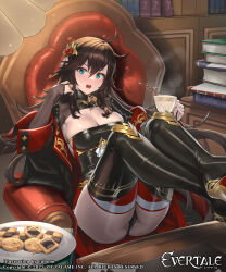 Rule 34 | 1girl, ahoge, aqua eyes, armchair, artist name, ass, book, bookshelf, boots, breasts, bridal gauntlets, brown hair, chair, coat, commentary request, company connection, cookie, copyright name, crossed legs, cuboon, cup, detached sleeves, dress, evertale, food, gold trim, hair ornament, high heel boots, high heels, highres, holding, holding cup, holding food, indoors, lips, logo, long hair, long sleeves, looking at viewer, medium breasts, official art, open mouth, panties, plate, short dress, simple background, solo, steam, tea, teeth, thigh boots, thighs, turtleneck, underwear, upper teeth only