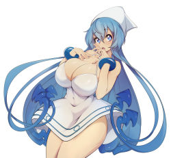 Rule 34 | 1girl, absurdres, aged up, alternate breast size, bare shoulders, blue eyes, blue hair, bracelet, breasts, cleavage, commentary, covered navel, dress, english commentary, hair between eyes, hat, highres, huge breasts, ikamusume, jewelry, long hair, looking at viewer, open mouth, paid reward available, shinryaku! ikamusume, simple background, slugbox, solo, squid hat, symbol-only commentary, tentacle hair, white background, white dress, white hat
