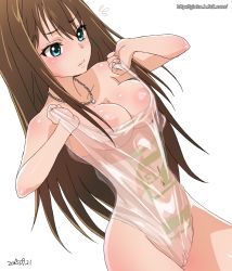 Rule 34 | 10s, 1girl, 7-eleven, bad id, bad pixiv id, blue eyes, breasts, brown hair, cameltoe, covered navel, dutch angle, ginko (silver fox), idolmaster, idolmaster cinderella girls, jewelry, necklace, plastic bag swimsuit, pussy, see-through, shibuya rin, solo, uncensored