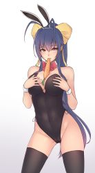 Rule 34 | 1girl, animal ears, antenna hair, bare shoulders, between breasts, black leotard, black thighhighs, blazblue, blazblue remix heart, blue hair, bluefield, blush, bow, bowtie, breast hold, breasts, cameltoe, carrot, cleavage, cowboy shot, detached collar, eating, eyebrows, fake animal ears, food between breasts, food in mouth, genderswap, genderswap (mtf), gradient background, gradient hair, groin, hair between eyes, hair bow, hairband, hands on breasts, hands on own chest, highleg, highleg leotard, highres, leotard, long hair, looking at viewer, mai natsume, mouth hold, multicolored hair, phallic symbol, playboy bunny, ponytail, rabbit ears, red bow, red bowtie, red eyes, ribbon, sexually suggestive, side-tie leotard, skin tight, smile, solo, strapless, strapless leotard, thighhighs, very long hair, white background, wrist cuffs, yellow bow