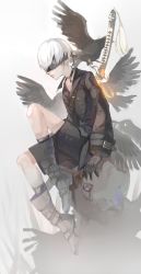 Rule 34 | 1boy, android, bird, bird wings, blindfold, boots, buckle, choker, collarbone, gloves, highres, katana, koou ma, lips, long sleeves, male focus, nier (series), nier:automata, pale skin, short hair, shorts, sitting, solo, strap, sword, weapon, weapon on back, white hair, wings, 9s (nier:automata)