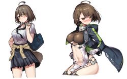Rule 34 | 1girl, ahoge, azur lane, bag, baltimore (after-school ace) (azur lane), baltimore (azur lane), black choker, black neckwear, black skirt, blush, braid, breasts, brown hair, carrying bag, choker, cleavage, closed mouth, clothes around waist, clothing cutout, embarrassed, gloves, hair between eyes, highres, hop3, jacket, jitome, large breasts, long sleeves, looking at viewer, multiple views, navel, necktie, nose blush, pleated skirt, school bag, school uniform, short hair, sidelocks, simple background, skirt, stomach, stomach cutout, sweater, sweater around waist, underboob, white background, yellow eyes
