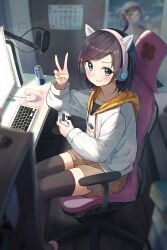 Rule 34 | 1girl, ahoge, animal ear headphones, animal ears, black hair, black thighhighs, blue eyes, blurry, blurry background, blush, brown shorts, calendar (object), can, chair, collarbone, commentary request, controller, depth of field, drawstring, energy drink, enuni, fake animal ears, game controller, hand up, headphones, headset, highres, holding, hood, hood down, hoodie, indoors, keyboard (computer), long sleeves, looking at viewer, monitor, mouse (computer), mousepad (object), office chair, on chair, original, parted lips, pink footwear, puffy long sleeves, puffy sleeves, red bull, short shorts, shorts, sitting, slippers, smirk, solo, swept bangs, swivel chair, thighhighs, v, white hoodie, wooden floor