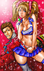 Rule 34 | 1boy, 1girl, belt, blonde hair, blue eyes, breasts, brown eyes, brown hair, candy, chainsaw, cheerleader, cleavage, clothes writing, couple, crop top, food, grasshopper manufacture, heart, highres, juliet starling, lips, lollipop, lollipop chainsaw, long hair, midriff, miniskirt, necktie, nick carlyle, panties, pantyshot, parted lips, pink panties, severed head, short hair, skirt, take (draghignazzo), thighhighs, twintails, underwear, upskirt, white thighhighs