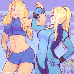 Rule 34 | 3girls, abs, artist name, blonde hair, blue eyes, blush, bodysuit, breasts, crop top, crown, dosh, dual persona, flexing, hair over one eye, hand on own hip, hands on own face, heart, long hair, looking at viewer, mario (series), metroid, metroid fusion, mini crown, mole, mole under mouth, multiple girls, muscular, muscular female, nintendo, ponytail, princess peach, raised eyebrows, samus aran, short shorts, shorts, skin tight, sleeveless, smile, super smash bros., toned, wristband, zero suit