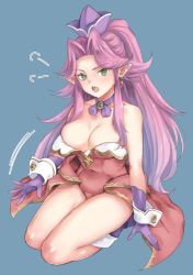 Rule 34 | 1girl, angela (seiken densetsu 3), bare shoulders, blue background, boots, breasts, choker, cleavage, collarbone, covered navel, earrings, full body, gloves, green eyes, hair intakes, hat, high ponytail, jewelry, large breasts, leotard, long hair, looking at viewer, michi (pixiv55912188), mini hat, motion lines, open mouth, pink hair, pointy ears, ponytail, purple choker, purple footwear, purple gloves, purple hat, red leotard, seiken densetsu, seiken densetsu 3, showgirl skirt, simple background, sitting, solo, strapless, strapless leotard, teeth, thighs, very long hair, wariza, wide ponytail, wrist cuffs