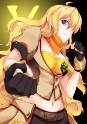 Rule 34 | 1girl, ahoge, belt, black background, blonde hair, breasts, cleavage, clenched hands, gloves, gradient background, groin, inu0831, long hair, midriff, purple eyes, rwby, solo, yang xiao long