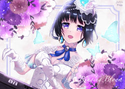 Rule 34 | 1girl, :d, bang dream!, black hair, blue ribbon, breasts, choker, cleavage, dress, earrings, gloves, highres, instrument, jewelry, luxunshangxiang, medium breasts, music, open mouth, playing instrument, purple eyes, ribbon, ribbon choker, shirokane rinko, short hair, smile, solo, song name, white dress, white gloves
