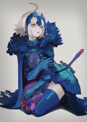 Rule 34 | 1girl, absurdres, ahoge, alternate color, armor, armored dress, blue armor, blue cape, blue dress, blue thighhighs, breasts, cape, cleavage, daydremec, dress, fate/grand order, fate (series), faulds, fur-trimmed cape, fur trim, gauntlets, gilles de rais (caster) (fate), grey background, headpiece, highres, jeanne d&#039;arc (fate), jeanne d&#039;arc alter (avenger) (fate), jeanne d&#039;arc alter (fate), kneeling, looking at viewer, open mouth, short hair, silver hair, simple background, solo, sword, thighhighs, torn cape, torn clothes, weapon, yellow eyes, zettai ryouiki
