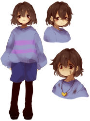 Rule 34 | androgynous, bad id, bad tumblr id, blood, blood on face, blush, brown eyes, brown hair, dark persona, dirty, dirty clothes, dirty face, dual persona, frisk (undertale), gender request, hair between eyes, heart, heart necklace, jewelry, koyashaka, long sleeves, looking at viewer, necklace, pendant, red eyes, shirt, simple background, smile, spoilers, striped clothes, striped shirt, striped sweater, sweater, undertale, white background