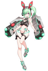 Rule 34 | 1girl, absurdres, android, animal ears, bare shoulders, blush, breasts, cleavage, cleavage cutout, clothing cutout, collarbone, covered collarbone, fake animal ears, fingernails, glowing, hair over one eye, headphones, highres, holding, holding weapon, holster, holstered, light blush, long hair, mecha musume, navel, ohihil, original, ponytail, purple eyes, rabbit ears, side ponytail, simple background, solo, weapon, white background