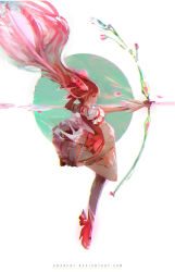 Rule 34 | 1girl, aiming, alternate hair length, alternate hairstyle, artist name, back bow, bow, bow (weapon), bubble skirt, choker, closed mouth, deviantart username, dio knarf, elbow gloves, floating hair, from side, full body, gloves, hair ribbon, highres, kaname madoka, long hair, magical girl, mahou shoujo madoka magica, pink bow, pink choker, pink eyes, pink hair, pink ribbon, profile, puffy short sleeves, puffy sleeves, ribbon, ribbon choker, short sleeves, simple background, skirt, solo, standing, standing on one leg, very long hair, watermark, weapon, web address, white background, white gloves