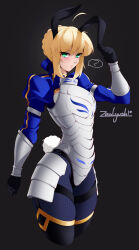 Rule 34 | 1girl, ?, adapted costume, ahoge, animal ears, armor, artoria pendragon (all), artoria pendragon (fate), black background, black gloves, black thighhighs, blonde hair, blue dress, blue pantyhose, blush, borrowed design, commentary, cropped legs, cuirass, dress, english commentary, fate/grand order, fate/stay night, fate (series), faulds, fishnet pantyhose, fishnets, gloves, green eyes, highres, juliet sleeves, kemonomimi mode, long sleeves, looking at viewer, meme attire, pantyhose, plate armor, puffy sleeves, rabbit ears, rabbit tail, saber (fate), short hair, sidelocks, solo, spoken question mark, standing, tail, thighhighs, thighhighs over pantyhose, vambraces, zealyush