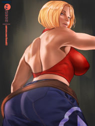 Rule 34 | 1girl, ass, back, backless outfit, belt, blonde hair, blue eyes, blue mary, bob cut, breasts, fatal fury, halterneck, halterneck, impossible clothes, large breasts, lips, looking back, loose belt, nose, patreon username, rejean dubois, short hair, sleeveless, snk, solo, the king of fighters, watermark, web address