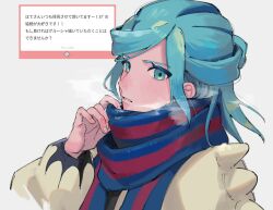 Rule 34 | 1boy, blue eyes, blue hair, blue scarf, creatures (company), game freak, grusha (pokemon), hatemadeimym, jacket, light blue hair, long sleeves, looking at viewer, nintendo, pokemon, pokemon sv, red scarf, scarf, screenshot inset, solo, striped clothes, striped scarf, two-tone scarf, yellow jacket