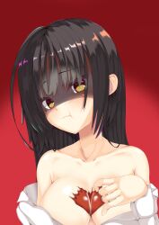 Rule 34 | 1girl, :t, absurdres, angry, armpit crease, bare shoulders, black hair, blush, bow, breasts, cafe stella to shinigami no chou, chocolate, chocolate on body, chocolate on breasts, cleavage, collarbone, commentary, earrings, embarrassed, empty eyes, food on body, hair between eyes, hand up, head tilt, heart, highres, jewelry, ju3cxqko75m199r, large breasts, long hair, looking at viewer, mole, mole under eye, no bra, open clothes, open shirt, pout, red bow, shaded face, shiki natsume, shiny skin, shirt, simple background, solo, straight hair, stud earrings, tsurime, upper body, valentine, wavy mouth, white shirt, yellow eyes