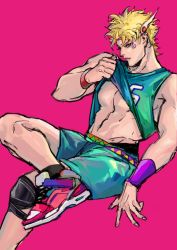 Rule 34 | 1boy, abs, absurdres, basketball uniform, battle tendency, blonde hair, caesar anthonio zeppeli, clothes lift, facial mark, green eyes, green shorts, headband, highres, jersey, jojo no kimyou na bouken, knee pads, crossed legs, male focus, red background, shirt lift, shoes, shorts, sneakers, solo, sportswear, winged hair ornament, wristband, xubeichaoyansuan
