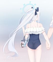 Rule 34 | 1boy, 1girl, alternate costume, alternate hairstyle, ass, bag, bikini, blue archive, blue halo, blue one-piece swimsuit, casual one-piece swimsuit, commentary request, frilled bikini, frilled one-piece swimsuit, frills, grey hair, hair ornament, halo, highres, holding hands, hoshino ouka, interlocked fingers, long hair, miyako (blue archive), miyako (swimsuit) (blue archive), official alternate costume, one-piece swimsuit, ponytail, sensei (blue archive), simple background, solo focus, swimsuit, transparent bag, very long hair