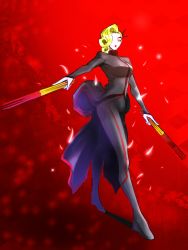 Rule 34 | 1girl, alien, bad id, bad pixiv id, battleborn, blonde hair, bodysuit, boots, breasts, closed eyes, deande, full body, hand fan, high heel boots, high heels, lipstick, makeup, medium breasts, red background, solo, standing, thigh boots, thighhighs, wedge heels