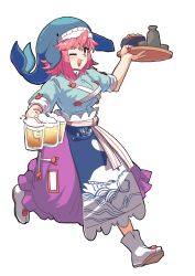 Rule 34 | 1girl, absurdres, alcohol, apron, beer, beer mug, blue apron, blue headwear, blue shirt, blush, breasts, brown footwear, choko (cup), commentary request, cup, full body, green eyes, highres, large breasts, leftame, looking at viewer, medium bangs, medium hair, mug, okunoda miyoi, one eye closed, open mouth, pink hair, pink skirt, running, sandals, shirt, short sleeves, simple background, skirt, smile, socks, solo, tabi, tokkuri, touhou, transparent background, whale hat, white socks