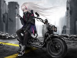 Rule 34 | 1girl, absurdres, artist request, cellphone, city, damaged, english text, flip phone, girls&#039; frontline, hair flowing over, heterochromia, highres, mdr (girls&#039; frontline), motor vehicle, motorcycle, phone, road, ruins, solo