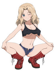 Rule 34 | 1girl, absurdres, bare shoulders, black tank top, blonde hair, blue eyes, blush, boots, breasts, cleavage, closed mouth, collarbone, covered erect nipples, crop top, crop top overhang, denim, denim shorts, full body, girls und panzer, groin, highres, kay (girls und panzer), large breasts, looking at viewer, navel, one eye closed, onsen tamago (hs egg), red footwear, short shorts, shorts, simple background, smile, solo, spread legs, squatting, tank top, underboob, white background