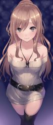 Rule 34 | 1girl, arms behind back, bang dream!, bare shoulders, belt, black belt, black thighhighs, blue background, breasts, brown hair, closed mouth, collarbone, commentary request, cowboy shot, dress, earrings, gradient background, grey eyes, grey sweater, hair between eyes, highres, imai lisa, jewelry, long hair, looking at viewer, medium breasts, necklace, off-shoulder sweater, off shoulder, pendant, ponytail, purple background, rabbit earrings, ribbed sweater, saikuu, sidelocks, smile, solo, standing, sweater, sweater dress, thighhighs, wavy hair